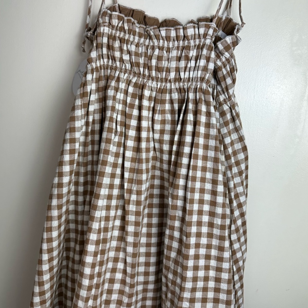 Smocked Gingham Tie-Strap Midi Dress - Beige/Tan - Picture 6 of 16